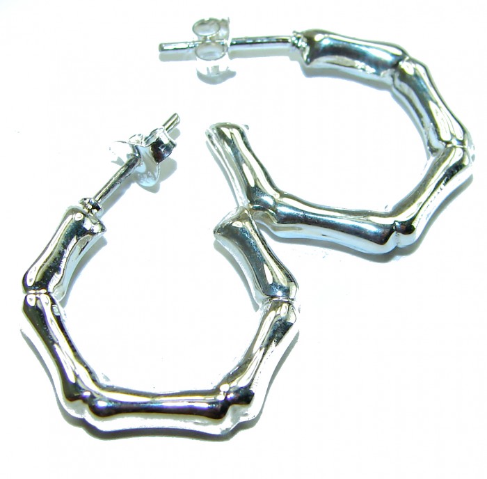 Bamboo Textured Hoop Italy made .925 Sterling Silver Earrings - photo 3