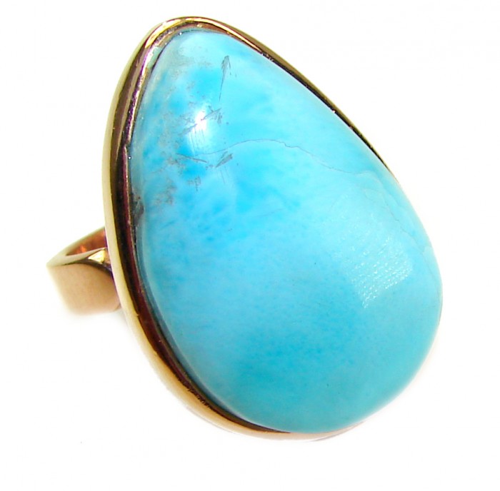 Blue Perfection Blue Larimar 18K Gold over .925 Sterling Silver handmade Large ring size 6 1/4 - Close-up of Blue Larimar ring with 18K gold over sterling silver.