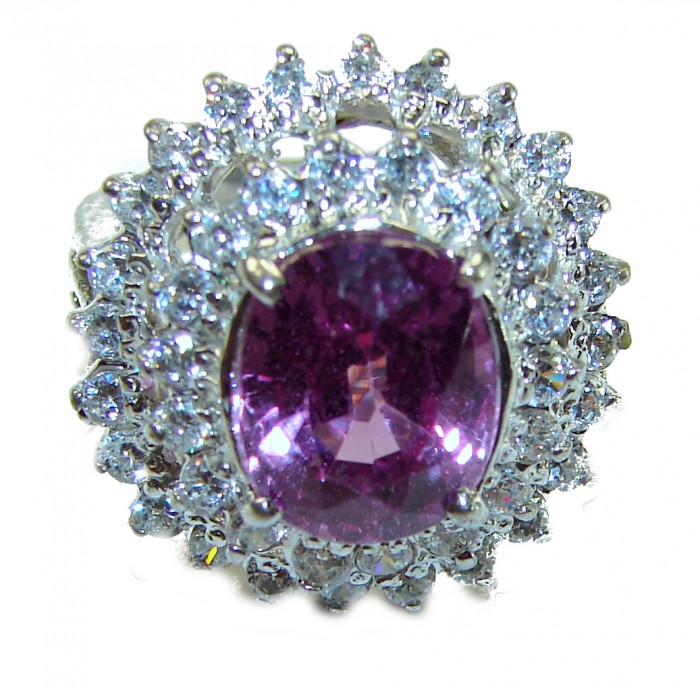Deep Purple 10.2 carat natural Amethyst .925 Sterling Silver handcrafted ring size 6 - Close-up of deep purple amethyst ring with diamond cluster setting.