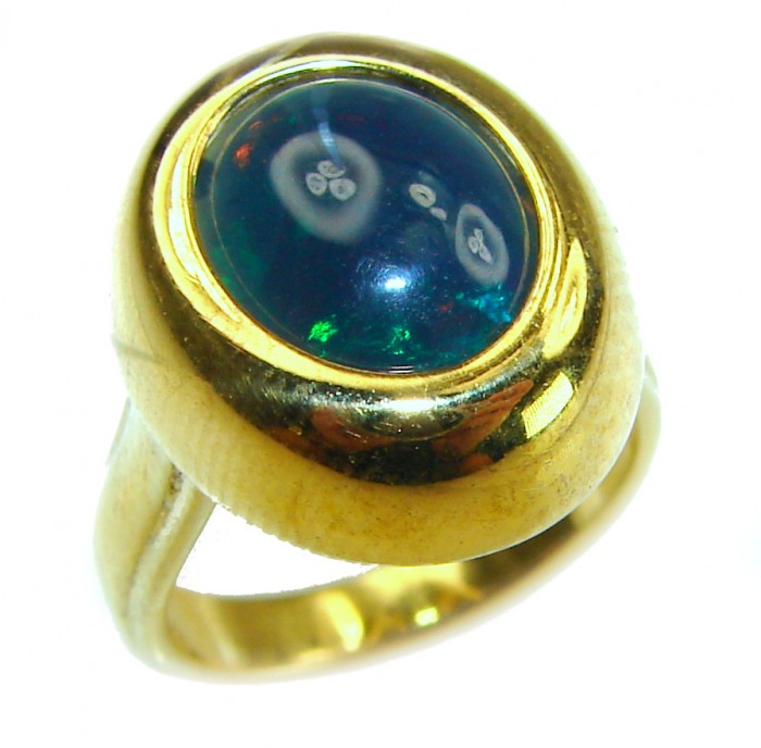 A COSMIC POWER Genuine 5.2 carat Black Opal 18K Gold over .925 Sterling Silver handmade Ring size 4 1/2 - Close-up of a 5.2 carat black opal ring in 18K gold setting.