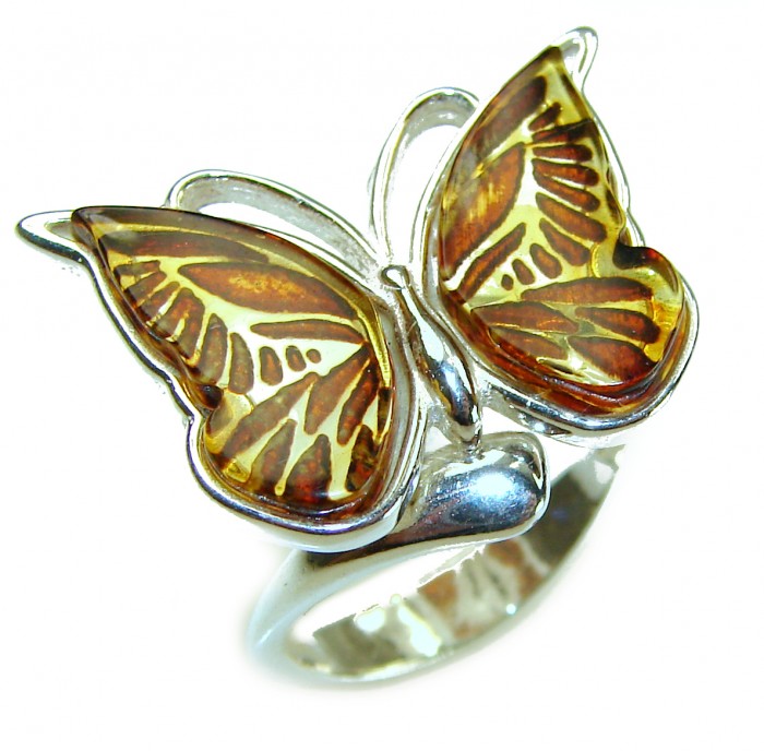 Butterfly Authentic carved Baltic Amber .925 Sterling Silver handcrafted ring; s. 7 adjustable - Butterfly amber ring, close-up, sterling silver, carved Baltic amber wings