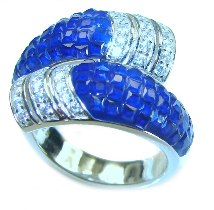 Art Deco Genuine 10.5 carat Sapphire .925 Sterling Silver handcrafted Ring size 6 1/2 - Art Deco sapphire ring, close-up of stones and setting, 10.5 carats.
