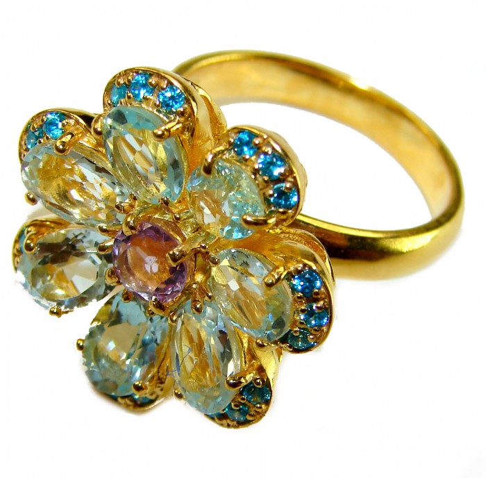 Blue Flower 12.8 carat Swiss Blue Topaz 14K Gold over .925 Sterling Silver handcrafted Large ring size 8 - Close-up of a blue topaz flower ring in 14K gold over .925 silver.