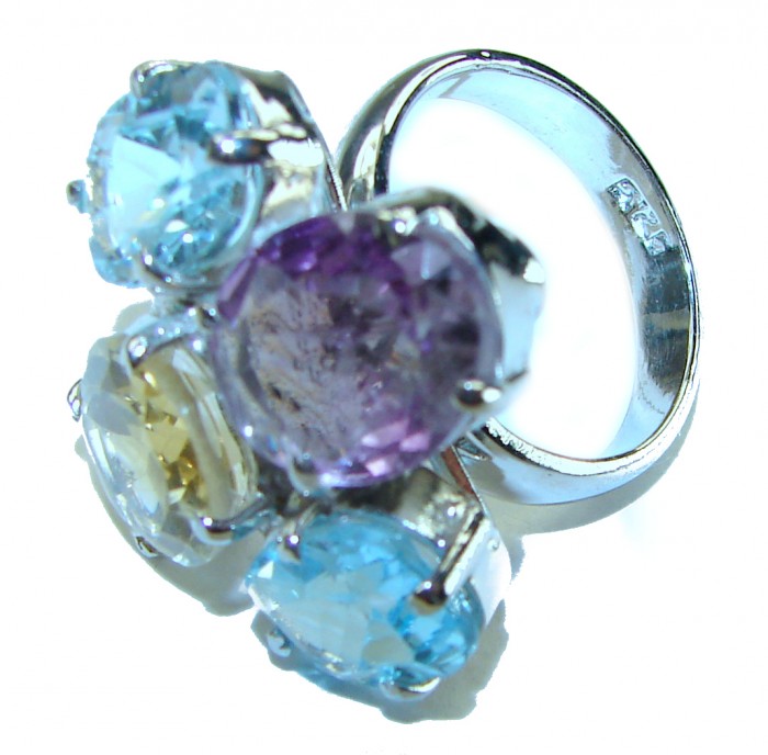 Serenity - Authentic 17.5 carat Multigem .925 Sterling Silver handcrafted Cocktail Ring s. 8 - Multigem sterling silver ring, top-view close-up showing colorful stones.