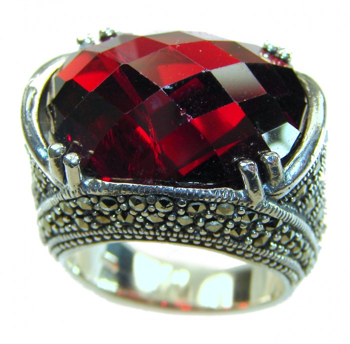Bella Rosa Natural 28.4 carat Ruby Marcasite .925 Sterling Silver handmade Large Statement Ring size 7 - Close-up of Bella Rosa ruby ring with marcasite accents in sterling silver