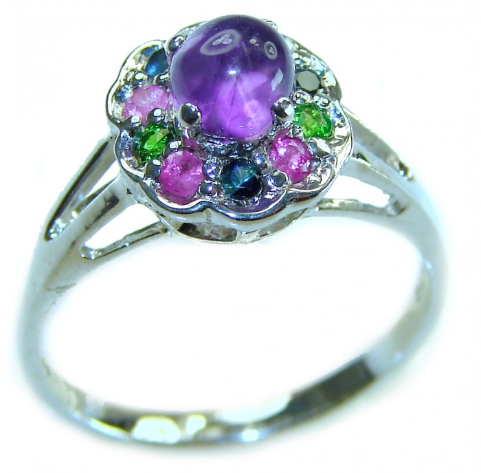 4.5 carat Purple Amethyst .925 Sterling Silver Handcrafted Ring size 7 - Amethyst ring with colorful gems, top view, sterling silver setting.