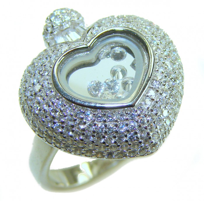Precious Heart - Floating Memories 10.5 carat White Sapphire .925 Sterling Silver Handcrafted Statement Ring size 6 - Heart-shaped ring with floating stones, side view detail.