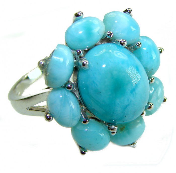 Caribbean Beauty 12.5 carat Genuine Blue Larimar .925 Sterling Silver handmade ring size 7 - Close-up of Caribbean Beauty blue Larimar ring in silver setting