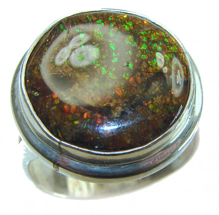 Outstanding Genuine purple Canadian Ammolite .925 Sterling Silver handmade ring size 7 adjustable - Close-up of purple Canadian Ammolite ring in .925 sterling silver.