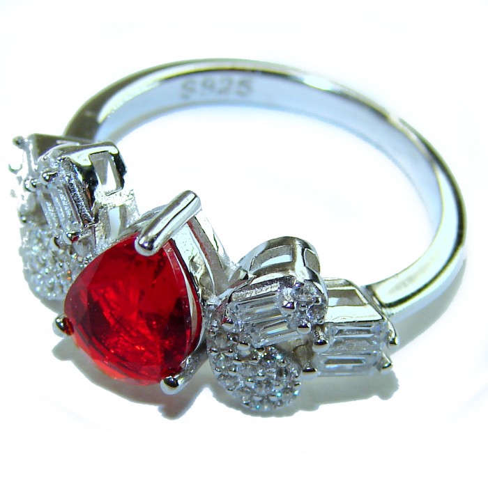 Natural 4.5 carat Ruby .925 Sterling Silver handmade Statement Ring size 6 1/4 - Ruby ring in sterling silver, side view highlighting stones.