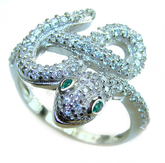 Precious Boa Snake Genuine Emerald White Topaz .925 Sterling Silver handcrafted Ring s. 7 - Snake ring with emerald eyes and white topaz, top view close-up.