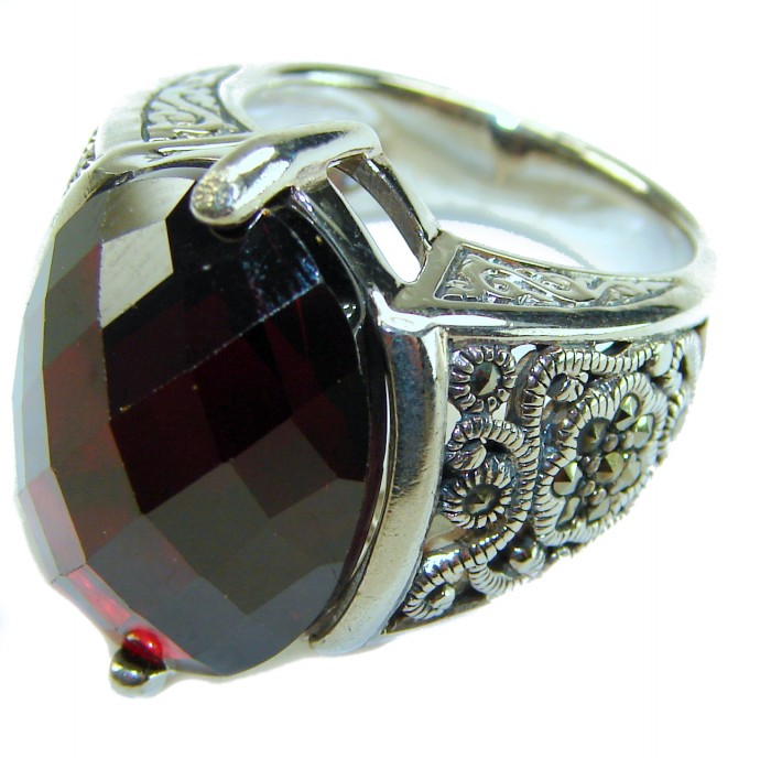 Carmen Natural 27.4 carat Ruby Marcasite .925 Sterling Silver handmade Large Statement Ring size 8 - Close-up of Carmen Natural 27.4 carat Ruby, Marcasite, .925 Sterling Silver Ring