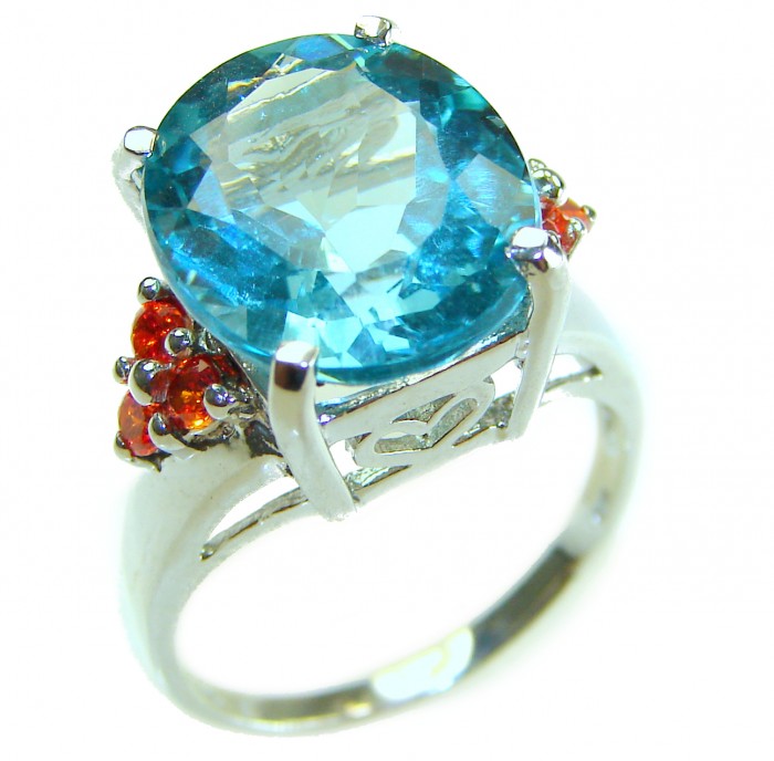 Water Drop 10.9 carat authentic Aquamarine .925 Sterling Silver Handcrafted Ring size 7 - Side view of sterling silver ring with aquamarine and orange stones