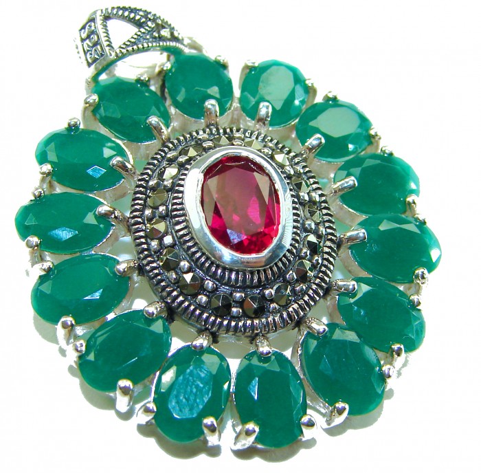 Circle of Life 15.2 carat authentic Ruby Emerald .925 Sterling Silver handmade Pendant - Close-up of ruby and emerald pendant with silver detailing