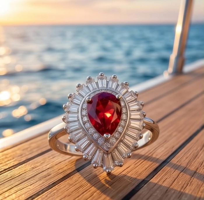 Magnificent Jewel 4.4 carat Ruby .925 Sterling Silver handcrafted incredible ring s. 7 - Close-up of ruby ring on deck, sunset background