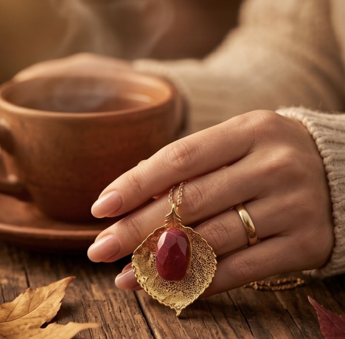 REAL Leaf dipped in copper Ruby stone 22.2 Golden Topaz & .925 Sterling Silver Pendant - Golden leaf necklace with ruby stone, worn on hand holding a cup.