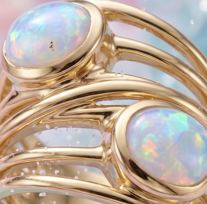 Golden Galaxy Genuine 5.8 carat Ethiopian Opal 14K Gold over .925 Sterling Silver handmade Ring size 7 - Close-up of Ethiopian opal set in 14K gold band, detailed view.