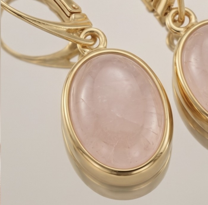 Authentic 10.2 carat Rose Quartz 14K Gold over .925 Silver handcrafted Statement earrings - Close-up of rose quartz earrings in 14K gold over silver.