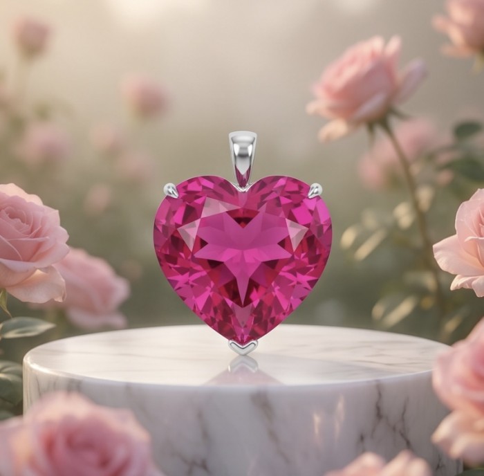 Angel's Heart Luxurious 26.8 carat Pink Sapphire .925 Sterling Silver handcrafted pendant - Heart-shaped pink sapphire pendant with roses in the background.