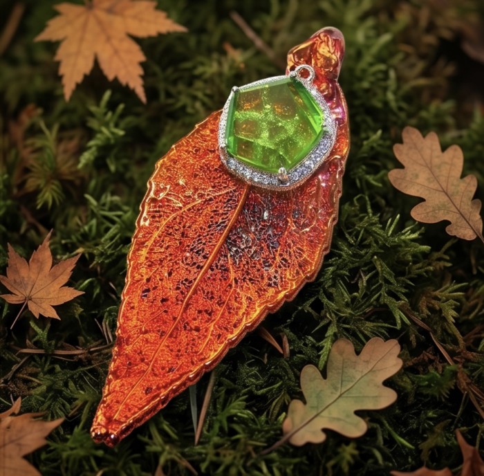 Stylish REAL Leaf dipped in Rose Gold 11.5 carat Garnet .925 Sterling Silver Pendant - Leaf pendant with green gemstone, top view, on mossy background.