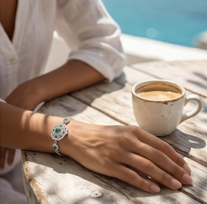 Art Deco - Pacifica - 4.4 carat Emerald .925 Sterling Silver handmade Statement Bracelet - Worn on hand, showcasing Art Deco Emerald bracelet with coffee mug nearby.