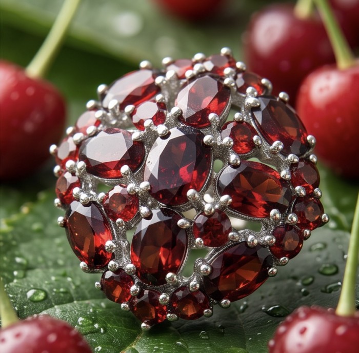 María Rosa - Real Art - Natural 20.2 carat Garnet from India .925 Sterling Silver handcrafted Large Statement earrings - Close-up of garnet-studded brooch surrounded by fresh cherries.