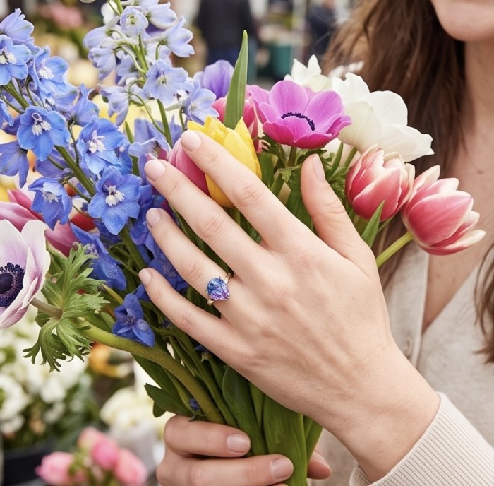 8.8 carat Alexandrite .925 Sterling Silver Perfectly handcrafted Ring s. 7 - Alexandrite ring on hand holding bouquet of colorful flowers.