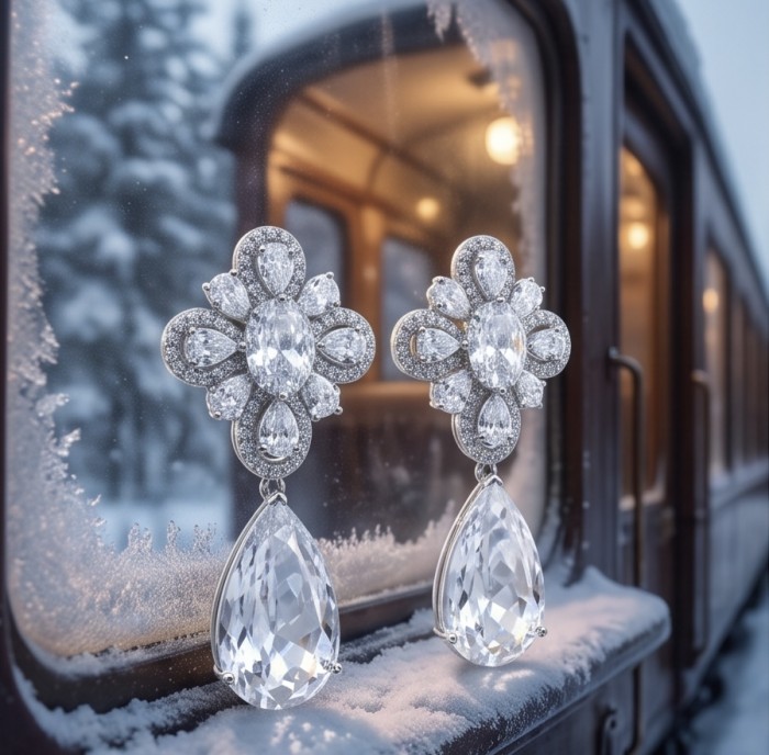 Allure Natural 38.2 carat Moissanite .925 Sterling Silver handcrafted Spectacular earrings - White topaz earrings, close-up on train window with snowy background.