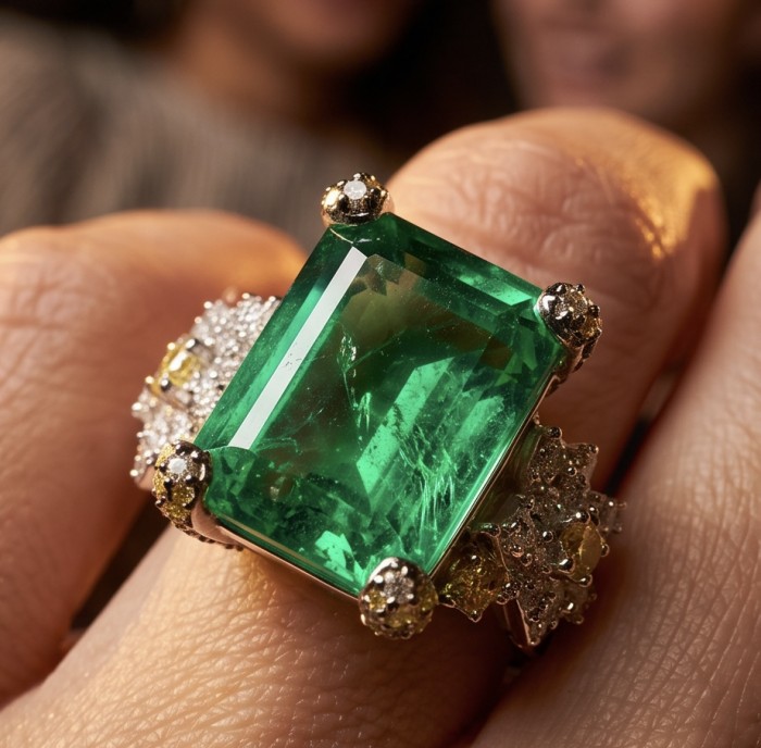 Real Art! - Luxurious bauqette cut 21.9 carat Emerald .925 Sterling Silver rhodium over handcrafted Ring s. 8 1/4 - Close-up of luxurious 21.9 carat emerald ring worn on hand