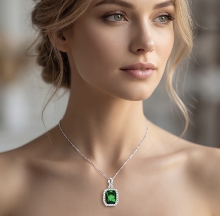 Precious 12.2 carat natural Colombian Emerald rhodium over .925 Sterling Silver .925 Sterling Silver Statement Necklace - Model wearing emerald necklace, close-up of pendant and chain.