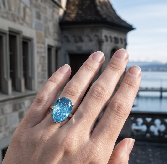 Angelina 14.9 carat authentic Aquamarine .925 Sterling Silver Handcrafted Ring size 8 - Aquamarine ring worn on hand with castle background.