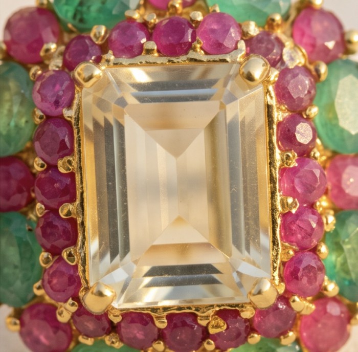 Esperanza - Luxurious 10.2 Brazilian Citrine Emerald 18K Gold over .925 Sterling Silver handmade Earrings - Close-up of Esperanza Brazilian Citrine with emerald and ruby accents