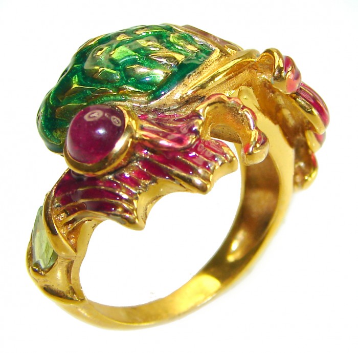 Luxurious Lucky Fish Ruby Enamel 18K Gold over .925 Sterling Silver Huge handcrafted Ring s. 7 1/4 - photo 3