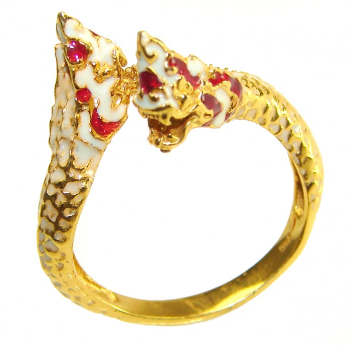Two Dragons Ruby Enamel 14K Gold over .925 Sterling Silver ring s. 10 - photo 2