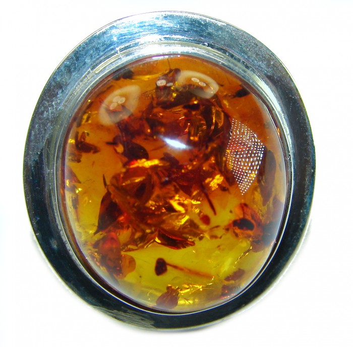 Large Golden Power Baltic Amber .925 Sterling Silver handcrafted ring; s. 8 adjustable - Close-up of large golden amber stone set in sterling silver.