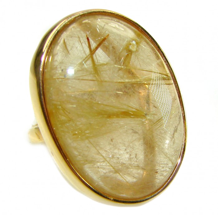 LARGE Best quality Golden Rutilated Quartz 14K Gold over .925 Sterling Silver handcrafted Ring Size 7 1/2 - Golden Rutilated Quartz ring stone close-up, 14K gold setting.