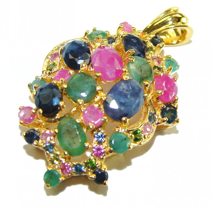 Giovanna - Authentic 15.5 carat Ruby 18K Gold over .925 Sterling Silver handcrafted Pendant - Colorful gemstone pendant, side view, 18K gold setting, 15.5 carat rubies.