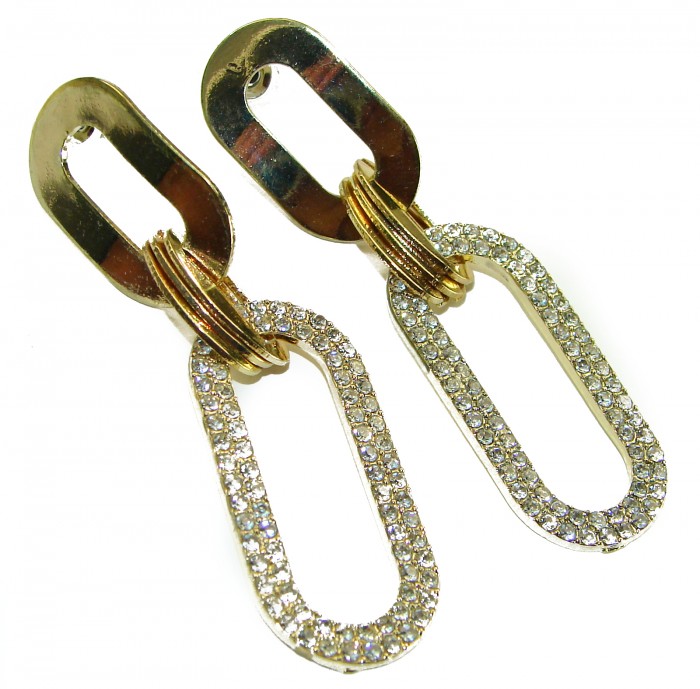 Authentic fancy White Topaz 10K Gold over .925 Sterling Silver handcrafted earrings - Elegant gold and white topaz earrings, angled view.