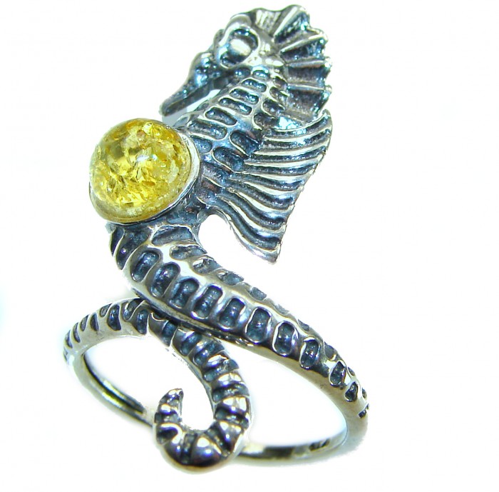 Seahorse Real Baltic Amber .925 Sterling Silver Bali handmade ring size 6 - Seahorse ring with amber, side view detail, sterling silver design.