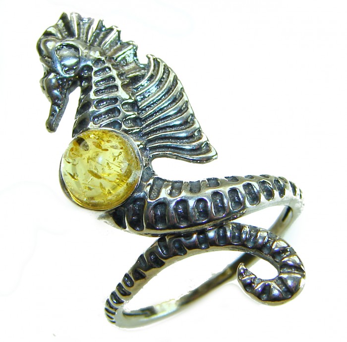 Seahorse Real Baltic Amber .925 Sterling Silver Bali handmade ring size 6 - Seahorse ring with amber, side view showing detail.