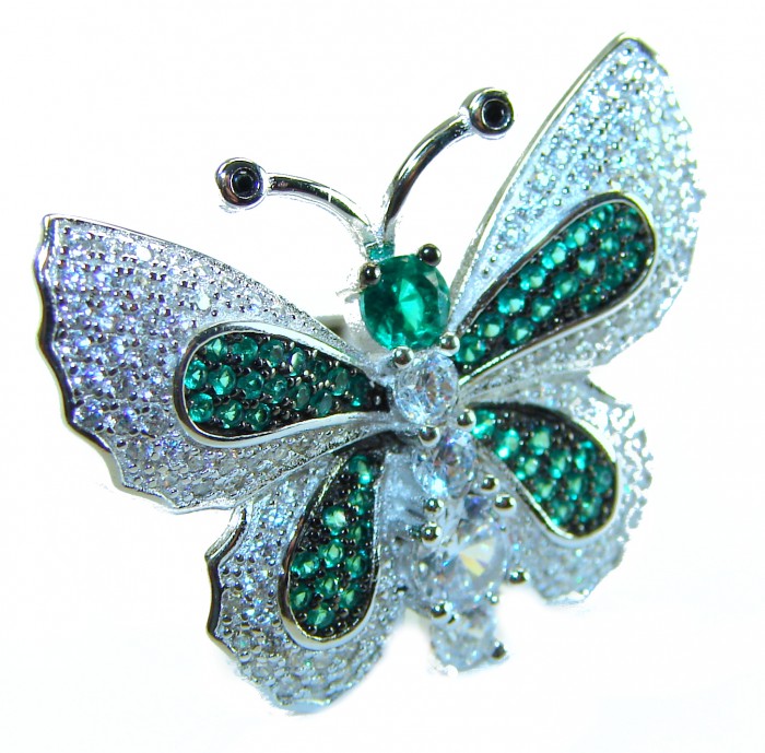 Precious Butterfly Genuine 10.5 carat Emerald .925 Sterling Silver handmade Statement Ring size 6 1/4 - Butterfly brooch with emeralds and crystals, front view, sterling silver.
