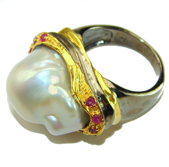 Huge Authentic rare Mother of Pearl Ruby 18K Gold over .925 Sterling Silver handcrafted ring; s. 7 - Side view of gold ring with large mother of pearl and ruby accents
