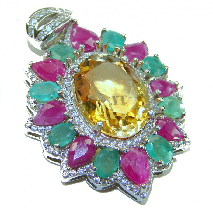 Vintage Design 12.4 CARAT authentic Citrine rhodium over .925 Sterling Silver handcrafted Pendant - Stone close-up of vintage design with citrine, emeralds, and rubies.