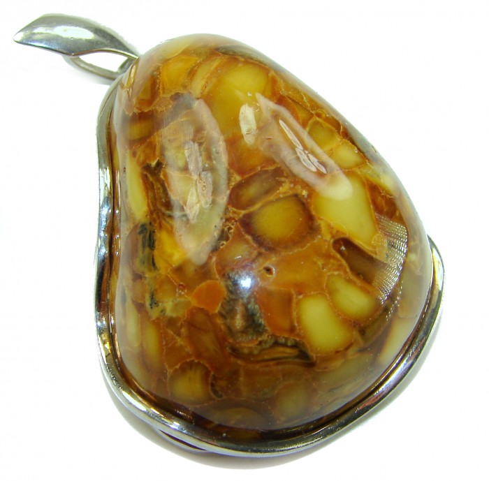 Large Prehistoric Authentic Baltic Amber .925 Sterling Silver beautifully handcrafted Pendant - Close-up of large prehistoric Baltic amber in sterling silver setting.