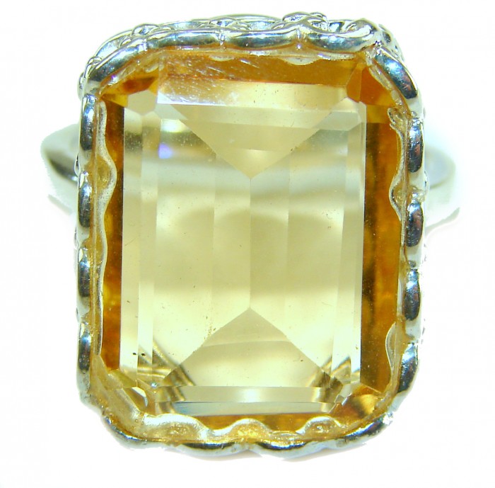 Solid 22.8 carat Genuine Lemon Quartz .925 Sterling Silver handcrafted ring size 10 1/4 - Close-up of 22.8 carat lemon quartz ring in .925 sterling silver.