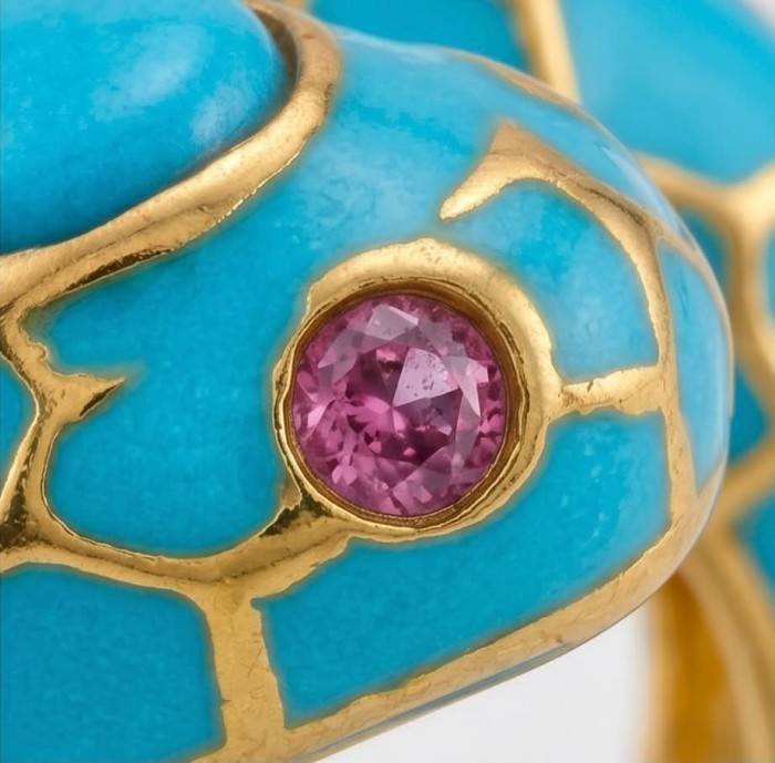 Blue Snake inlay Truquoise Enamel 2.6 carat natural Turquoise 18K Gold over .925 Sterling Silver Huge handcrafted Ring s. 8 - Close-up of blue snake jewelry with pink stone and gold detailing.