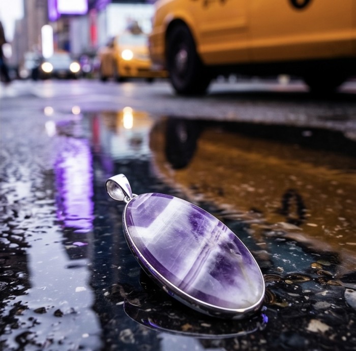 Chevron Amethyst - stone with enhanced spiritual power .925 Sterling Silver dipped in rhodium handcrafted Pendant - Chevron Amethyst stone close-up on wet street with taxis in background.