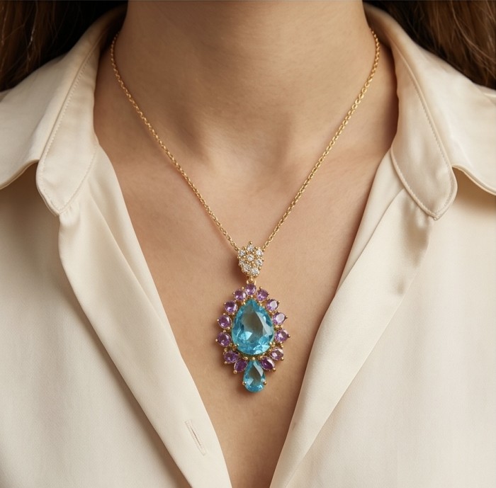 Oceania pear cut 15.8 carat Swiss Blue Topaz .925 Sterling Silver dipped in 22K Gold Handcrafted Pendant - Worn on neck: Oceania Swiss Blue Topaz pendant on gold chain.