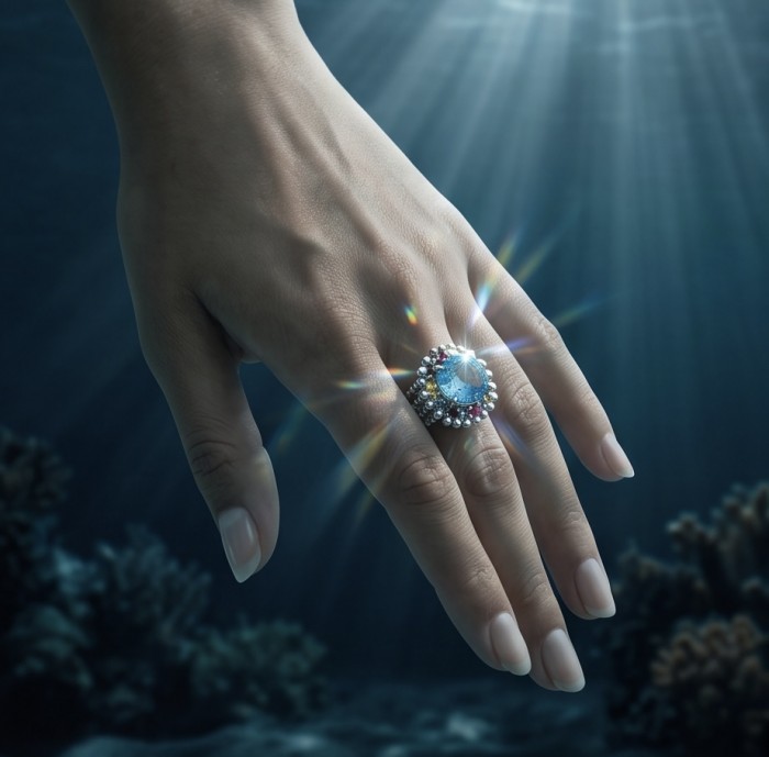 Ocean Blue Natural 22.8 carat Swiss Blue Topaz .925 Sterling Silver dipped in rhodium handmade Large Statement Ring size 8 - Hand wearing Ocean Blue 22.8 carat Swiss Blue Topaz ring underwater.