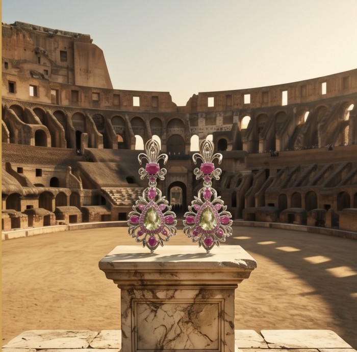 Giovanna - Authentic 28.9 carat Green Amethyst Ryby .925 Sterling Silver dipped in rhodium handcrafted earrings - Giovanna earrings with green amethyst and ruby on marble, Colosseum backdrop
